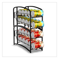 a metal rack with cans and cans of drinks on it's sides is shown