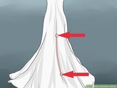 a white wedding dress with red arrows pointing to the back and shoulder, on a gray background