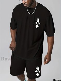 Russoo - Summer Ensemble for Men: Graphic Print T-shirt & Shorts Set, Stylish Plus-Size Option Black Crew Neck Sports Set, Casual Black Crew Neck Set, Black Crew Neck Sets With Letter Print, Black Crew Neck Set With Letter Print, Black Crew Neck Sets With Graphic Print, Black Graphic Print Crew Neck Set, Black Short Sleeve Streetwear Sets, Black Graphic Print Sets With Crew Neck, Black Short Sleeve Sets For Streetwear