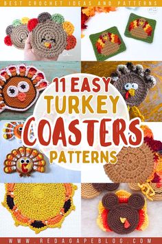 crocheted turkey coasters with text overlay that says, 11 easy turkey coasters patterns