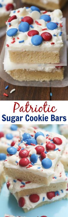 patriotic sugar cookie bars with white frosting and red, white, and blue sprinkles