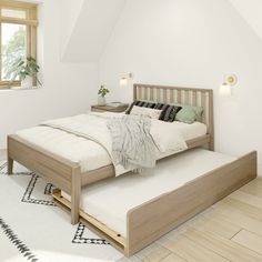 a bed sitting on top of a wooden platform in a bedroom next to a window