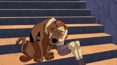 an animated image of a woman kneeling down next to a dog on the steps with her head in her hands