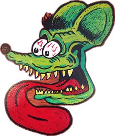 a green and red alligator head with large teeth on it's face, painted in acrylic paint