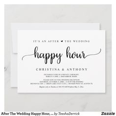 a wedding card with the words happy hour written on it, in black and white