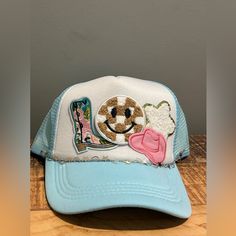 Brand New. Playful Blue Trucker Hat For Summer, Playful Blue Summer Trucker Hat, Trendy Blue Trucker Hat, Trendy Blue Trucker Hat For Spring, Blue Fun Trucker Hat For Spring, Hat Patches Design, Trucker Hat Diy, Hat With Patches, Western Wear Outfits