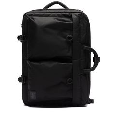 the back view of a black backpack with straps and zippers on it, against a white background