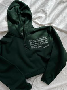 This is a professionally embroidered sweatshirt. Customizate it with your favorite Bible verse/quote! 👚MATERIAL  We use Gildan as our blanks. If the color purchased isn't available, I may sometimes use a different brand (more premium). Gildan Heavy Blend are 50/50 polyester and cotton. ▪️ SIZE  Sizes are unisex. Please check the size chart before you purchase.  💧 CARE:  Machine wash cold, inside-out, gentle cycle with mild detergent and similar colors.   Tumble dry low, or air-dry for longest Bible Verse Clothing, Casual Hoodie With Embroidered Text, Green Hooded Sweatshirt With Custom Embroidery, Relaxed Fit Hoodie With Embroidered Text For Streetwear, Embroidered Text Hoodie For Streetwear, Green Sweatshirt With Embroidered Text For Streetwear, Streetwear Hoodie With Embroidered Text In Relaxed Fit, Christian Apparel Embroidered, Green Embroidered Streetwear Sweatshirt