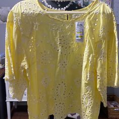 Lovely Yellow And White Eyelet Top Yellow Cotton Spring Tops, Yellow Cotton Tops For Spring, Yellow Cotton Crew Neck Blouse, Yellow Crew Neck Top For Beach, Yellow Tops For Spring Vacation, Yellow Crew Neck Blouse For Spring, White Eyelet Top, Eyelet Top, Butterfly Sleeves