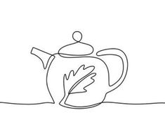 a continuous line drawing of a teapot with a leaf on the top and bottom