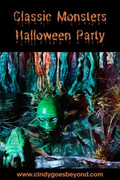 an image of a monster with green paint on it's face and hands in front of the words classic monsters halloween party