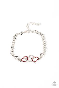 Red and white rhinestone dotted hearts delicately interlock between two white rhinestone fittings, creating heart-pounding sparkle atop the wrist. Features an adjustable clasp closure.

 Sold as one individual bracelet. Bracelets Trendy, Paparazzi Accessories Jewelry, Red Bracelet, Red Bracelets, Paparazzi Accessories, Rhinestone Heart, White Rhinestone, Red Rhinestone, Rhinestone Bracelet