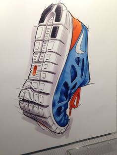 a drawing of a pair of sneakers on display in a museum exhibit room with white walls and flooring