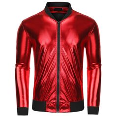 Metallic bomber jacket shows fashionable style and makes your outfit eye-catching. Shining jacket with rib-banded collar, cuff and hem provides a good wearing experience. Easy to pair the metallic jacket with T-shirt, hoodie, sweatshirt for fashion style. Suitable for street, party, club, disco, dance, costume, stage performance and casual wear. Disco Dance Costume, Glitter Cardigan, Winter Overcoat, Red X, Metallic Jacket, Long Winter Coats, Disco Party, Red Jacket, Cardigan Jacket