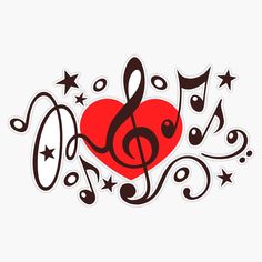 a heart with musical notes and stars around it, as well as a treble