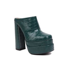 Introducing our new green mule heels! These unique shoes are perfect for any occasion. whether you're dressing up for a night out or keeping it casual for a day at the office. With a block heel and platform design. these shoes are both stylish and comfortable. Plus. the green color is perfect for adding a pop of color to any outfit. Upper: Microfiber Lining: Leather Outsole: Rubber Toe: Closed Toe Closure: Slip on Heel: 14.5cm/5.7'' Shaft: 5cm/2'' Color: Gold. Silver. Pink. Green. Beige is_handm Chic Clogs With 4-inch Block Heel, Green Pointed Toe Mules With Padded Heel, Green Open Heel Mules For Party, Trendy Green Platform Heels, Green Mules With Sculpted Heel And Pointed Toe, Casual Party Platform Slippers With Chunky Platform, Casual Platform Slippers With Chunky Platform For Parties, Trendy Green Open-heel Mules, Green High Heel Mules With Padded Heel