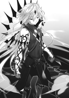 an anime character with long blonde hair standing in front of a black and white background