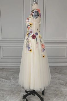 Tea Length Straps Homecoming Dress With Flower Spring Wedding Dress With Floral Design, Floral Dress For Spring Garden Party, Flower-shaped Dresses For Spring Garden Party, Floor-length Floral Dress For Spring Garden Party, Floor-length Floral Applique Dress For Summer, Summer Floor-length Dress With Floral Applique, Elegant Spring Tea-length Floral Dress, Spring Garden Party Floor-length Floral Dress, Spring Garden Party Floral Floor-length Dress