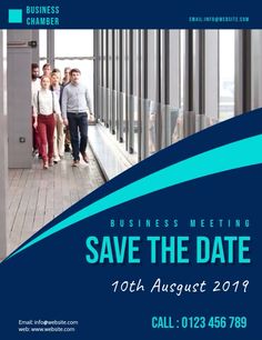 a blue and white business meeting save the date flyer with people walking in an elevator