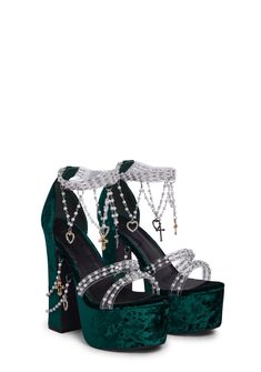 Sugar Thrillz Velvet Platform Beaded Heels - Green – Dolls Kill Ten Inch Heels, Platform Green Heels, Platform Shoes For Women, Chunky Platform High Heels, Slytherin Heels, Emerald Quinceanera, Holy Revelation Platform Heels, Green Platform Heels, Fairy Heels