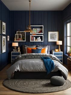 a bed room with a neatly made bed and blue walls