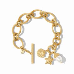 A starfish, a scallop, and an oval pearl charm dangle together from the final link of this bracelet composed of alternating ridged golden ovals. 24K gold plate, shell pearl Length: 7.25 / 8 inches (adjustable) Width: 1.4 inches Closes with toggle Julie Vos hallmark Luxury Charm Bracelet With Lobster Clasp As A Gift, Luxury Gold Bracelets With Removable Charms, Premium Bracelet With Removable Charms, Affordable Medallion Jewelry With Lobster Clasp, Luxury Gold Modern Charm Bracelet, Luxury Gold Bracelet With Lobster Clasp As Gift, Luxury White Gold Charm Bracelet With Lobster Clasp, Luxury Yellow Gold Pearl Charm Bracelet, Cheap Dangle Charm Bracelet With Lobster Clasp