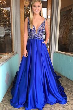 Elegant V-neck Pageant Dress, Blue Evening Dress For Prom Season, Blue V-neck Prom Gown, V-neck Pageant Dresses For Prom Season, Blue Satin Evening Dress For Banquet, Blue Ball Gown For Homecoming, Royal Blue Ball Gown For Prom Season, Blue Prom Gown For Prom Season, Royal Blue Party Gown With Sweep Train