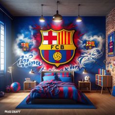 a bedroom decorated in blue, red and yellow with a soccer emblem painted on the wall