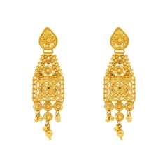 These gorgeous Indian gold earrings feature a sophisticated drop/dangle design, filigree work, and beaded details. Pair this set of 22k gold earrings with other gold jewelry from Virani to complete the look. Features • 22k yellow gold • Beading • Filigree Virani Jewelers is a leading Indian gold jewelry store in the Iselin, New Jersey specializing in exquisite 22k gold jewelry designs. Shop with us for the finest Indian jewelry and experience the beauty and elegance of our luxury gold jewelry cr Luxury Yellow Gold Tilla Earrings, Luxury Bollywood Yellow Gold Earrings, Luxury Gold Earrings With Tilla, Luxury Yellow Gold Earrings For Diwali, Luxury Yellow Gold Bollywood Earrings, Luxury 22k Gold Cutdana Earrings, Luxury 22k Gold Dangle Danglers, Luxury Yellow Gold Chandbali Chandelier Earrings, Luxury Gold Danglers With Tilla