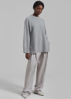 Color: Grey Melange Rib knit Relaxed fit Dropped shoulders Crew neckline Tonal embroidered logo Vented side seams Unlined 90% Wool 10% Cashmere Hand Wash or Dry Clean By Loulou Studio. Made in China Loulou Studio, Grey Sweater, Drop Shoulder, Crew Neckline, Rib Knit, Cashmere, Dry Clean, Hand Wash, Relaxed Fit