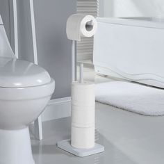 a white toilet sitting next to a roll of toilet paper on top of a stand