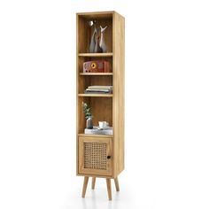 a wooden cabinet with an open door on the front and bottom shelf, next to a potted plant