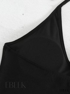 Ebeek - Womens Black Rib Knit Halter Tankini Top - Backless, Plain, and Stretchy - Versatile Swimwear and Clothing Fitted Black Solid Color Tank Top, Black Seamless Tank Top For Party, Stretch Black Crop Top For Vacation, Black Tops With Built-in Bra For Vacation, Black Stretch Cami Crop Top, Black Vacation Tops With Built-in Bra, Black Seamless Crop Top With Spaghetti Straps, Black Stretch Tank Top For Beach, Black Spaghetti Strap Crop Top For Beach