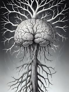 a drawing of a tree with its roots in the shape of a brain