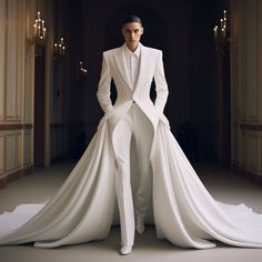 White Suit With Train, Wedding Dress Masculine, Tailcoat Wedding Suit, Wedding Suit White Men, Gender Less Fashion, White Suit Men Prom, Gender Fluid Wedding Attire, Feminine Suits For Men, Men In Dresses Art