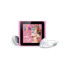 a pink mp3 player with headphones next to it