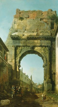 an old painting of people and animals in the middle of a street with stone archways