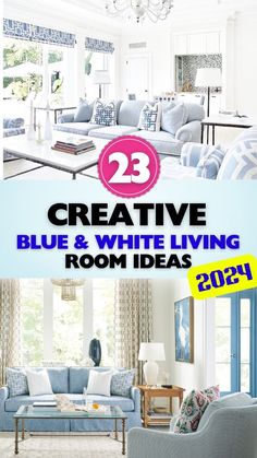 the blue and white living room is featured in this ad