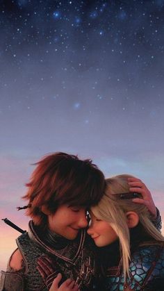 two people standing next to each other under a sky filled with stars