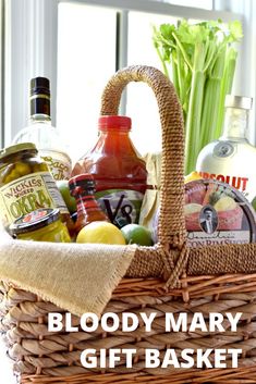 a wicker basket filled with drinks and condiments