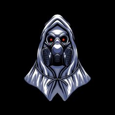 a person in a gas mask with red eyes and a chain around their neck, on a black background