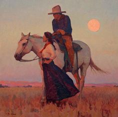 a painting of two people riding horses in a field with the moon setting behind them