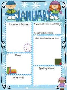 a blue and white calendar with snowflakes on the side, two children in winter clothes