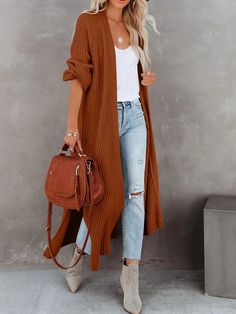 Faster shipping. Better service Long Solid Color Casual Cardigan, Long Knit Cardigan For Day Out, Green Winter Cardigan For Day Out, Casual Long Green Cardigan, Green Open Front Cardigan For Day Out, Knit Duster, Chic Cardigan, Fall Cardigan, Beige Vest