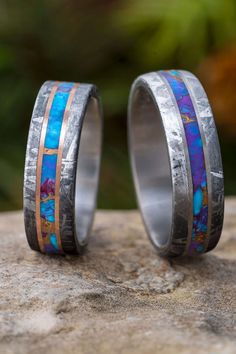 Meteorite and Gem Alloy Wedding Bands Blue Place Settings, Wedding Inspiration Blue, Meteorite Engagement Ring, Antler Rings, Tribe Fashion, Meteorite Rings, Dinosaur Bone Ring, Place Setting Ideas, Meteorite Wedding Band