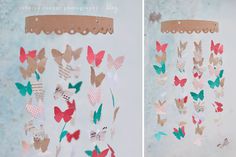 two pictures of paper butterflies hanging from the side of a wall, one is made out of cardboard