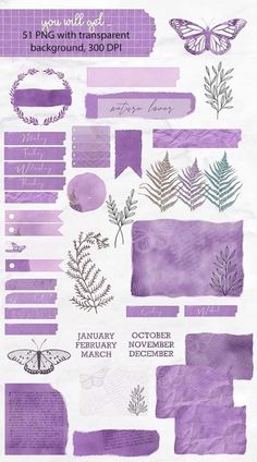 purple paper with different types of flowers and leaves