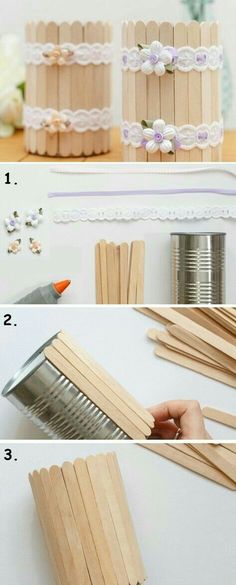 four pictures showing how to make wooden clothes pins with flowers and laces on them