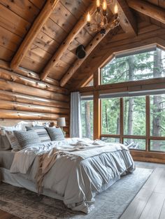 a large bed sitting in a bedroom next to a wooden wall with windows on each side