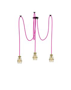 three light fixtures with pink cords hanging from them